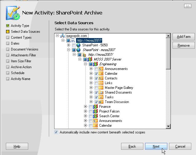 Configuring Archive Activities for Microsoft SharePoint Figure 8 Select Data Sources selection When you select a parent data source, all child data sources of that parent are selected automatically.