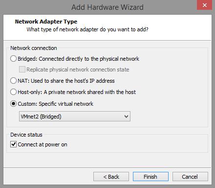 Select Custom in the Network Collection field 27. Select the VMnet in the dropdown box assigned to the NIC that has network access to the RN150 28. Select Finish 29.