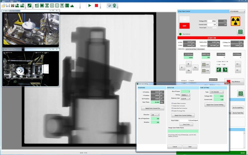 the operator. During automated CT scanning both raw and processed projection images can be saved at each angular increment. The right hand side of the GUI is split into three sections.