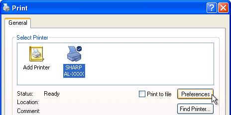 3 Make sure that "SHARP AL-XXXX" is selected as the current printer. If you intend to change any print setting, click the "Preferences" button to open the printer driver setup screen.