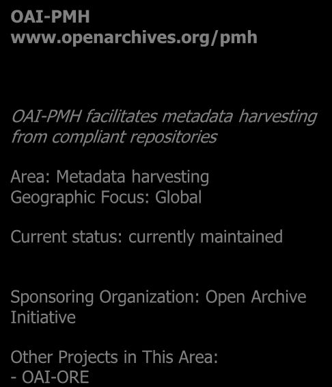 Open Archives Initiative Protocol for Metadata Harvesting (OAI-PMH) The entry point for repository interoperability Relies on Dublin Core metadata Formed the basis for many later initiatives