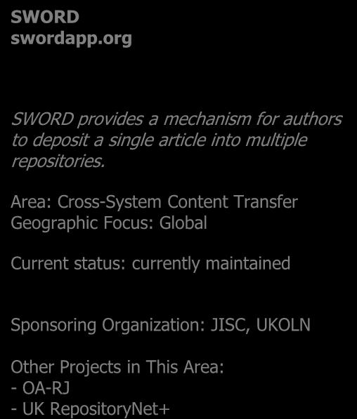 SWORD Protocol that facilitates the deposit of resources from remote sources into repositories or other similar systems Allows researchers to deposit OA materials once and have those materials
