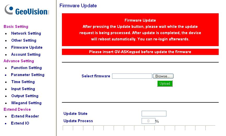 4 Optional Devices 4.1.5.C Updating Firmware To update the firmware of GV-AS100/GV-AS110: 1. In the left menu, click Firmware Update.
