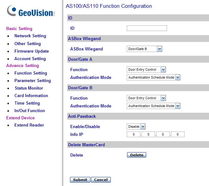 4.1.5.E.a Function Setting In the left menu, click Function Setting. This AS100/AS110 Function Configuration page appears. Figure 4-23 [ID] Enter the ID number for GV-AS100 or GV-AS110.