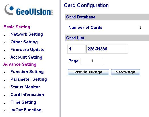 4.1.5.E.d Card Information In the left menu, click Card Information. This Card Configuration page appears. Figure 4-29 [Card Database] Shows the number of cards currently stored in GV-AS100/GV-AS110.
