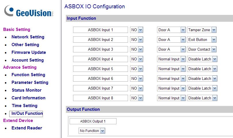 4.1.5.E.f In/Out Function In the left menu, click In/Out Function. This ASBox IO Configuration page appears.