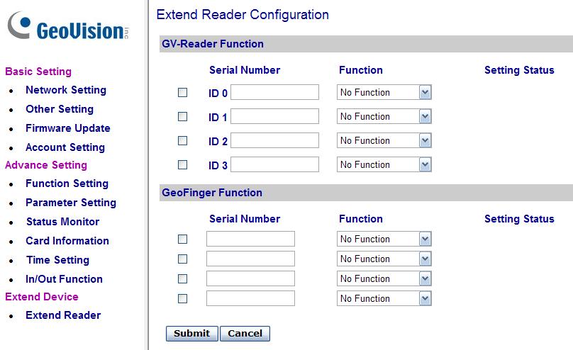 4 Optional Devices 4.1.5.E.g Extended Reader In the left menu, click Extend Reader. This Extend Reader Configuration page appears.