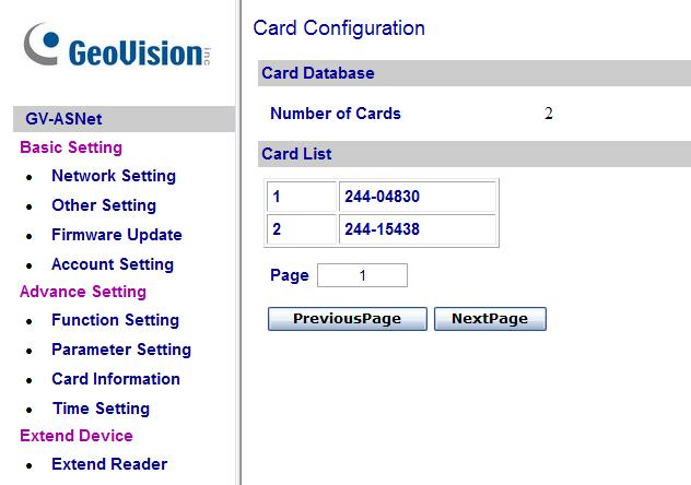4.2.5.B.c Card Information In the left menu, click Card Information. This Card Configuration page appears. Figure 4-46 [Card Database] Shows the number of cards currently stored in GV-AS100/GV-AS110.