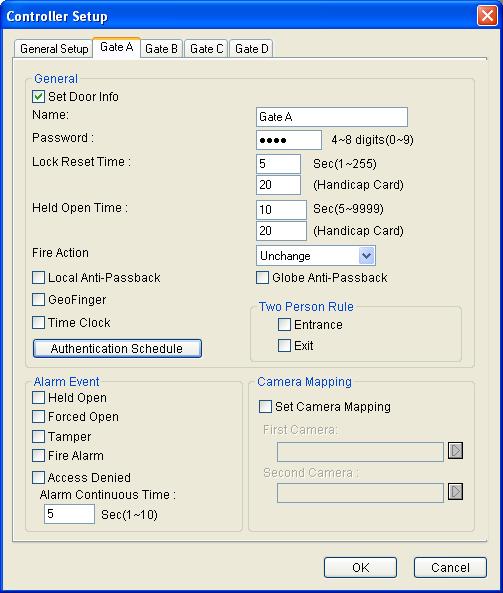 5 GV-ASManager Quick Start Guide 5.4.2 Configuring a Door 1. To define the doors on the controller, click the Door/Gate tab. This dialog box appears.