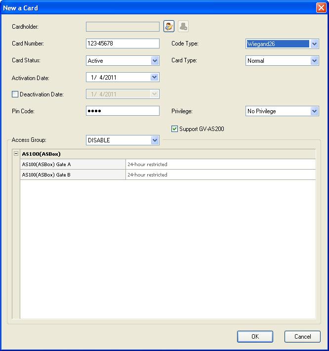 2. Click the New button on the toolbar. This dialog box appears. Figure 5-10 3. The settings are available for the card: Card Number: Enter the card number.