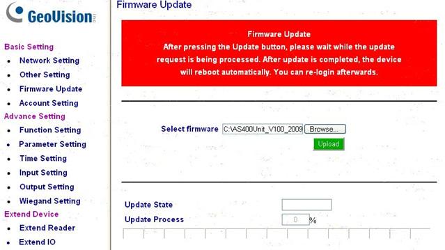 On the Web interface of GV-AS400 Controller, click Firmware Update from the left