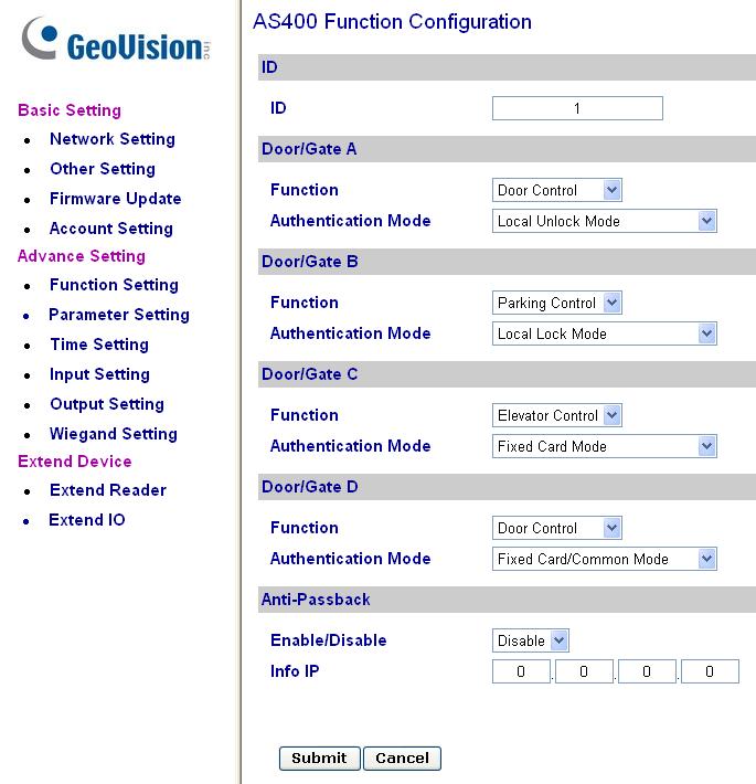 3.4.3.A Function Setting In the left menu, click Function Setting. This AS400 Function Configuration page appears. Figure 3-20 [ID] Enter the ID number for GV-AS400.