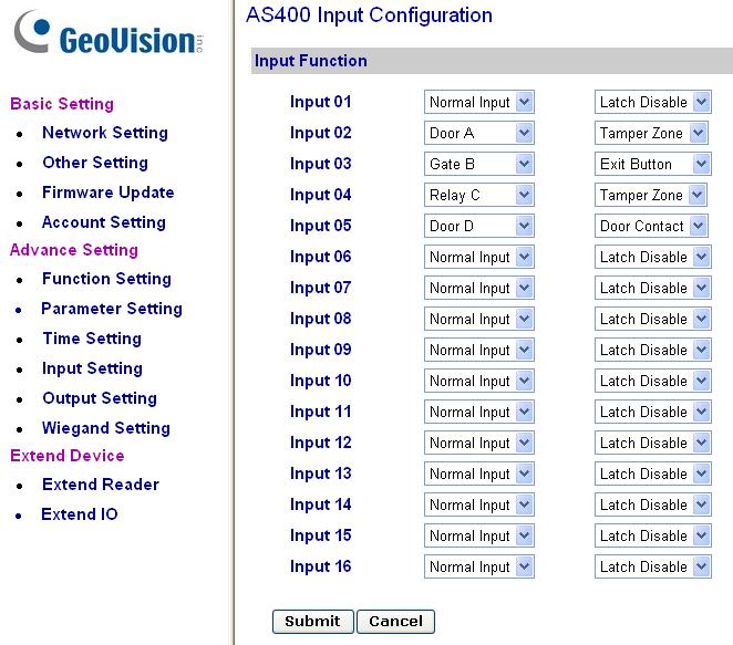 3 GV-AS400 Controller 3.4.3.D Input Function In the left menu, click Input Function. This AS400 Input Configuration page appears.