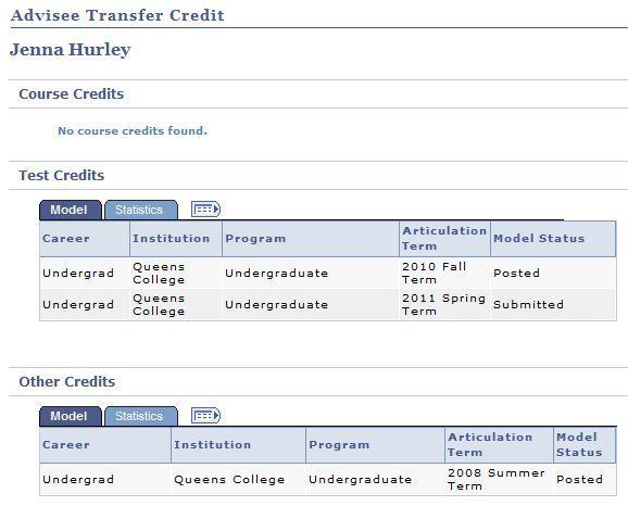 6. The Advisee Transfer Credit page displays the Career,