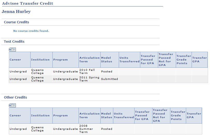 7. For each type of credit, click the view all columns icon to see all of the columns display including Career, Institution, Program, Articulation Term, Model Status,