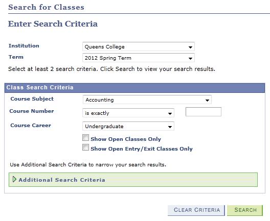 9. In the Class Search Criteria section click the Course Subject icon; and then select the correct subject. dropdown box Note: At least two Class Search Criteria must be selected in this section. 10.