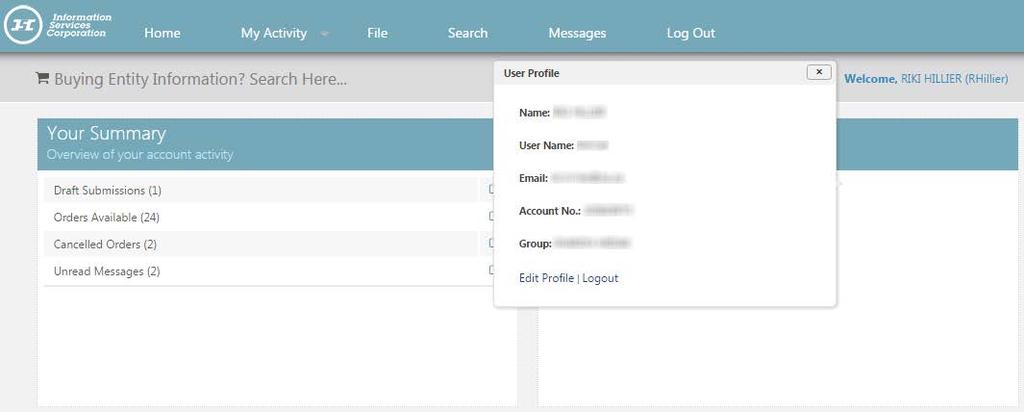 To find the Customer User Profile hover over, Welcome, YOURNAME (username),