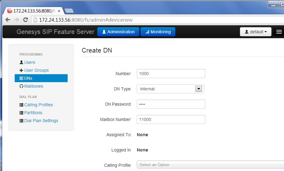 Mailboxes for the Extensions can be assigned at the time of DN creation. The following screenshots shows the create DN page.