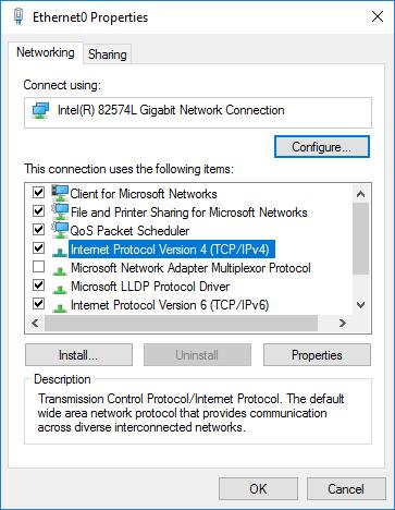 6. Select [Internet Protocol Version 4 (TCP/IPv4)]. Click [Properties]. 7. Enter the following settings.