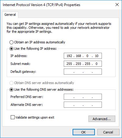 address 192.168.0.* (replace asterisk * with any value other than 1) Subnet mask 255.255.255.0 Default gateway 0.