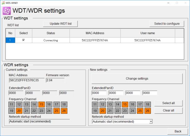 4. Set up the WDR settings. [ExtendedPanID] [Frequency Channel] Set up the respective settings above. [Network connection] Set to [Auto start (recommended)].