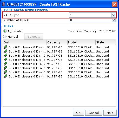 VSPEX Configuration Guidelines The RAID Type field displays RAID 1 when the FAST Cache is created. This window also provides the option to select the drives for the FAST Cache.