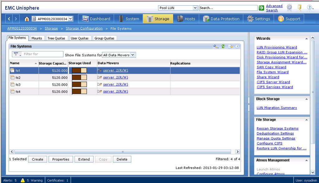 Select Storage > File Systems. The File Systems window appears, as shown in Figure 74.