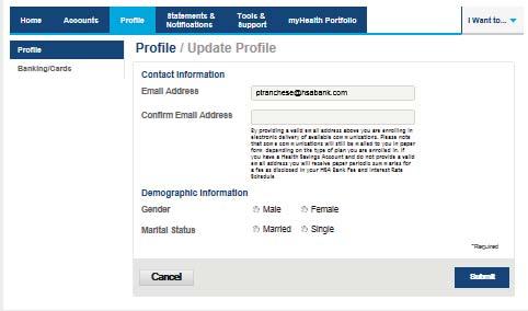 Update Profile Click on the Update Profile link to update your email, or enter your marital status/gender.