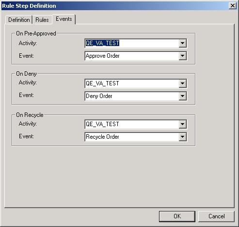 Chapter 10 Defining Approval Processes Image: Rule Step Definition dialog box, Events tab This example illustrates the fields and controls on the Rule Step Definition dialog box, Events tab.