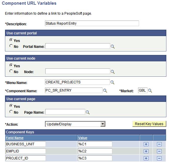 Chapter 13 Using Notification Templates Image: Component URL Variables page This example illustrates the fields and controls on the Component URL Variables page.