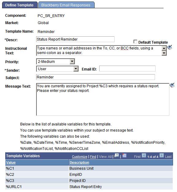Using Notification Templates Chapter 13 Image: Define Template page This example illustrates the fields and controls on the Define Template page.