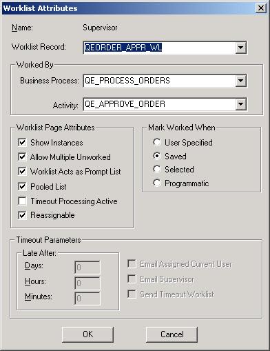 Adding Events and Routings Chapter 6 Image: Worklist Attributes dialog box This example illustrates the fields and controls on the Worklist Attributes dialog box. To define worklist attributes: 1.