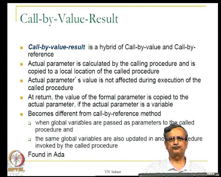 (Refer Slide Time: 43:53) So, this is possible in C plus plus and java of course, then we have the third method of passing parameters known as call by value result, this is really a hybrid of call by