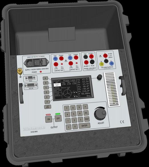 DVS3 mk2 Relay Test System Features 3- Voltage output from 1- supply 0-133V -N output voltage 292V -N with VT box VT box 45VA/phase maximum output Variable Frequency 40-999.9Hz Phase shift ±180.