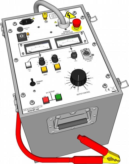 KV30-40T mk2 High Voltage AC Test System Features 0-30kV output 5 second 5 minute test timer Emergency off switch Automatic mains voltage selection Key operated supply switch to prevent unauthorised