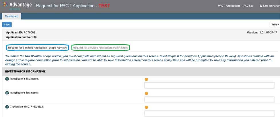 2. This will open the Scope Review screen (first tab circled in blue). Your Applicant ID and Application number will always appear on the top left corner of an application screen. 3.