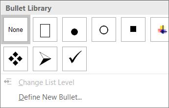 Lists Use Word s lists features when creating lists in your document. Bulleted Lists 1. Highlight the text 2. Select the Home tab 3.