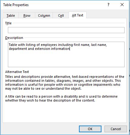 Adding Alt Text to a Table First Name Last Name Department Extension Peter Jones HR 5555 John Smith IT 5555 1. Right-click on the Table and select Table Properties 2.