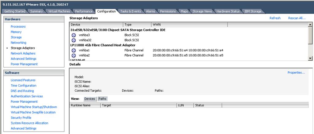 3. On the left pane Datacenter tree, click on a single host, and then click the Configuration tab. 4. Click Storage Adapters. The details of the adapters in use are displayed. Figure 26.
