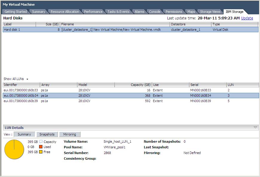 Figure 34. Displaying volume details when a virtual machine is selected For more information about the LUN Details pane (under the Volumes list), see Viewing information in the LUN Details pane.