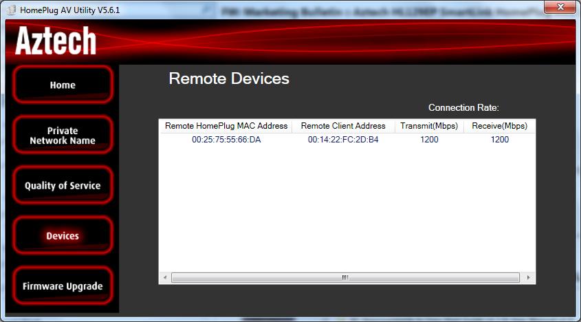 Devices Devices displays information about remote HomePlug AV2 s detected in the network.