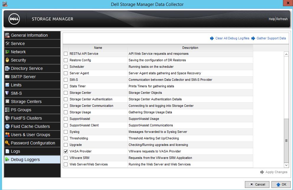 Deleting a storage container from the Servers view in DSM 4.8 Debugging and logging VASA Provider debug logging is enabled by default in Dell Storage Manager. Dell recommends leaving this enabled.