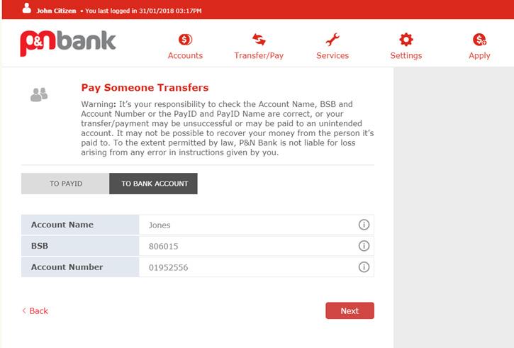 Transfer/Pay Transferring funds to another P&N member s account (cont.