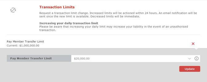 These limits can be set in the Transaction Limits section, and allow you to bring daily