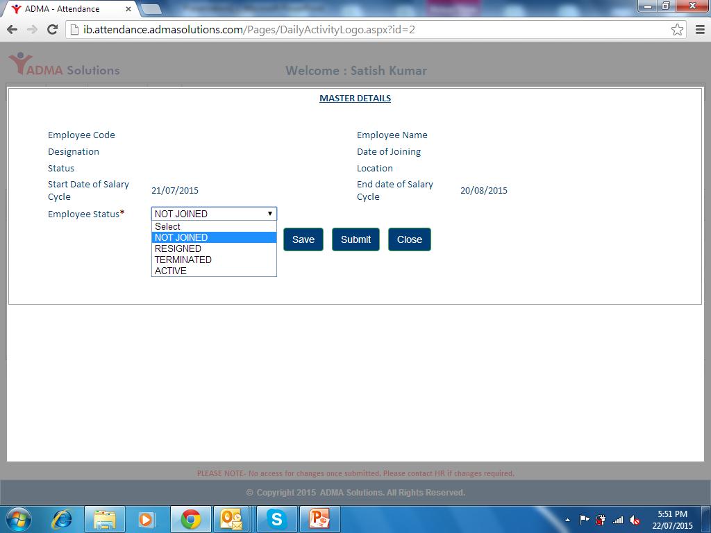 Edit Employees Status Unlock an employee by ticking the check box. Click on the MD link against the selected Employee.