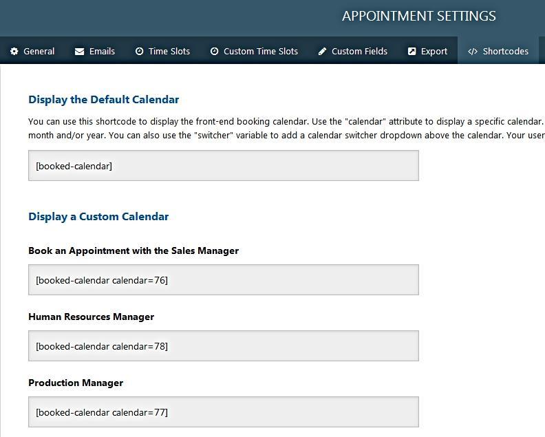 Click on Appointments > Settings to open the Settings page and click on the </> Shortcodes tab to view the