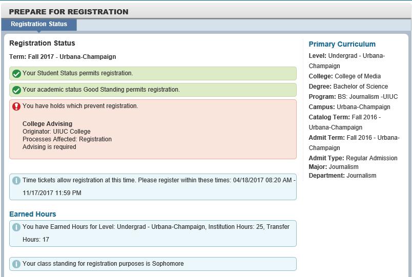 Here you can find when you may register, your student status and standing, any holds on your account, time ticket