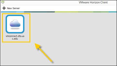 21. VMware Horizon displays the different servers to which you can connect. Select the option that corresponds to the server address you entered earlier (vmconnect.dts.usc.edu).