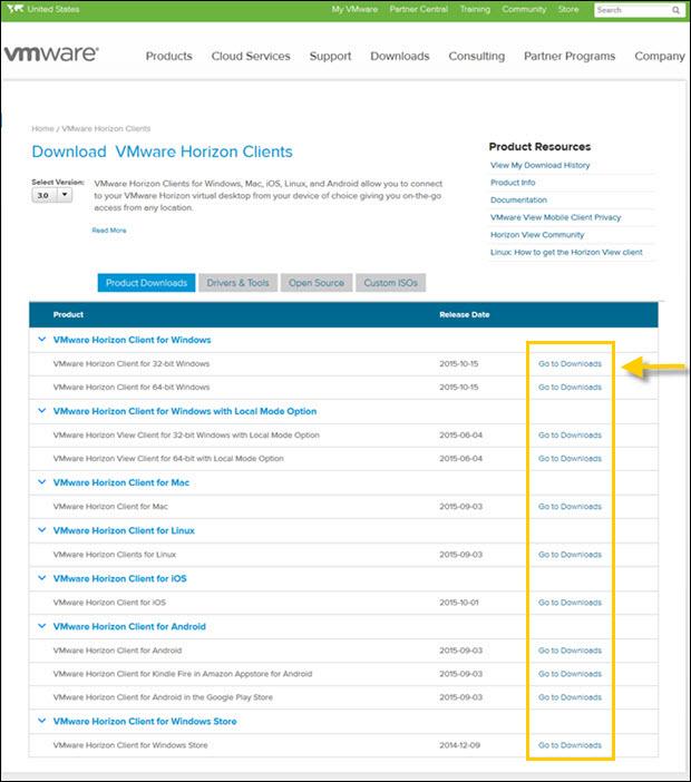 3. From the Download VMware Horizon page, select the option that matches your operating system requirements. VMware Horizon supports Windows, Macintosh, Linux, ios, Android, and Windows Store.