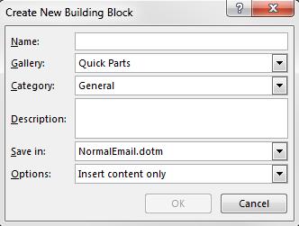 New Quick Parts are listed under the Quick Parts icon on the Insert tab of a new email.